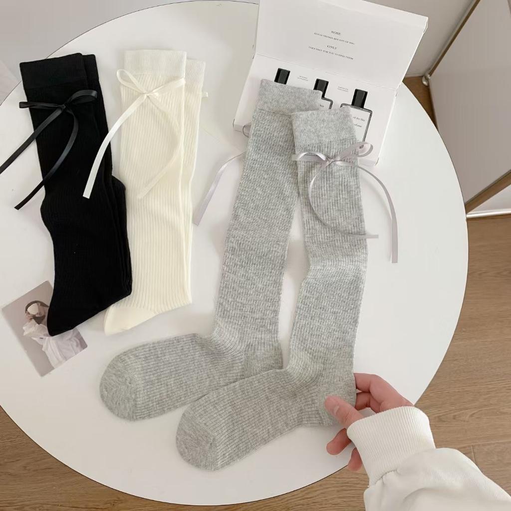 Ribbon Bow Socks Thin Calf Socks White Ballet Style Pile Socks Trendy Socks