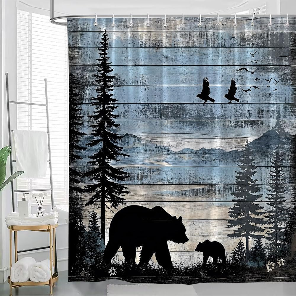Rustic Forest Bear Shower Curtain Cabin Farmhouse Animal Country Lodge Retro Wooden Board Tree Wildlife Blue Vintage Hunting