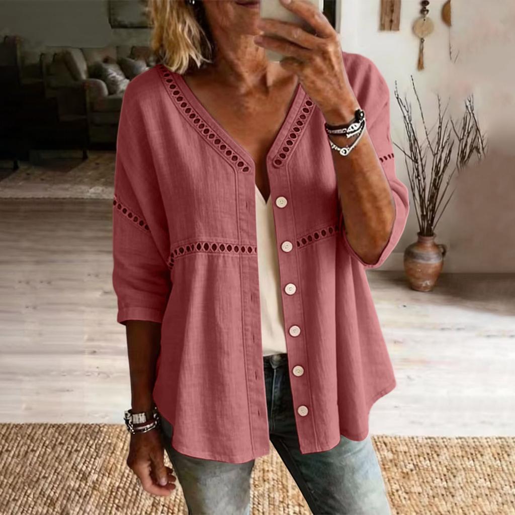 Damen Button-Down Leinenhemden 3/4 Ärmel V-Ausschnitt Lochstickerei Blusen Lässige Baumwolle Hohlstrick Boho Tops