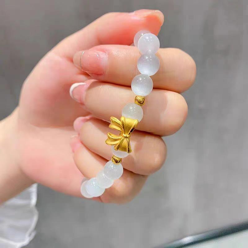 Vietnamese Gilt Brass Bow Bracelet with Cat's Eye Stone & Sand Gold Beads - Women's Elegant Jewelry