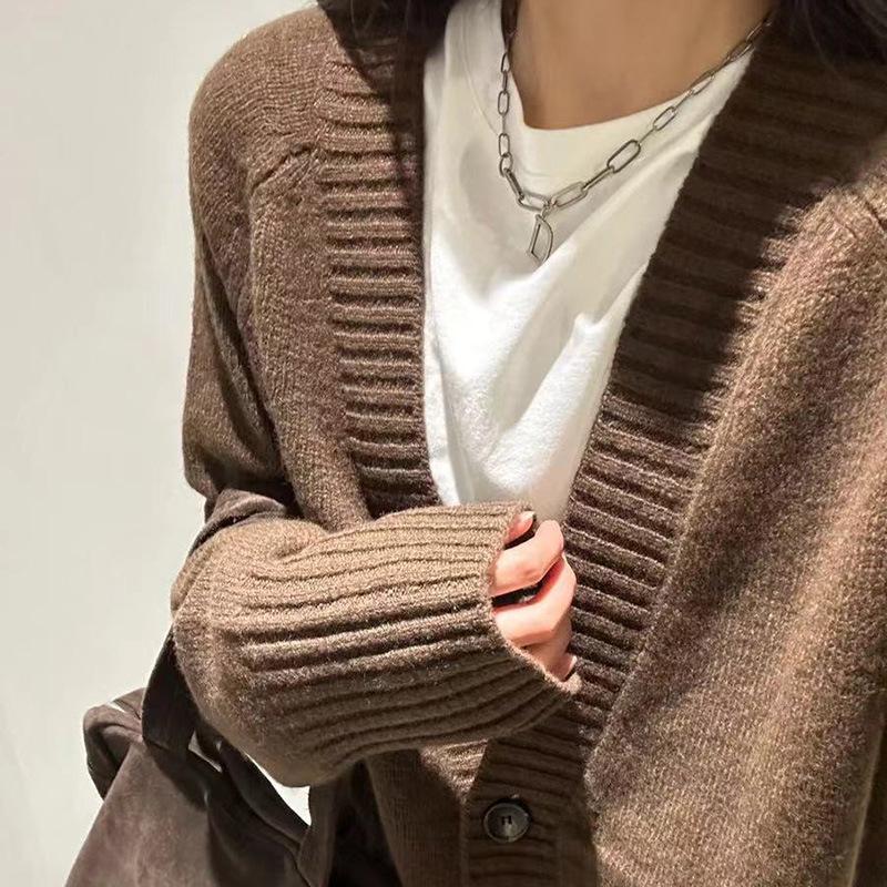 

Расслабленный кашемировый кардиган - Осенне-зимний однотонный свитер в корейском стиле на одной пуговице Large