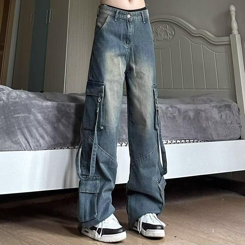 JYL Men's Cargo Jeans American High-Street Washed Big Pocket Spring Loose Denim Pants
