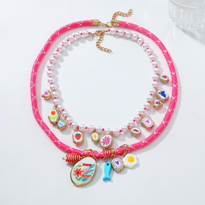 Imitation Pearl Bead Alloy Small Fish And Flower Geometric Pendant Double-Layer Necklace Set For Women Jewelry Gift