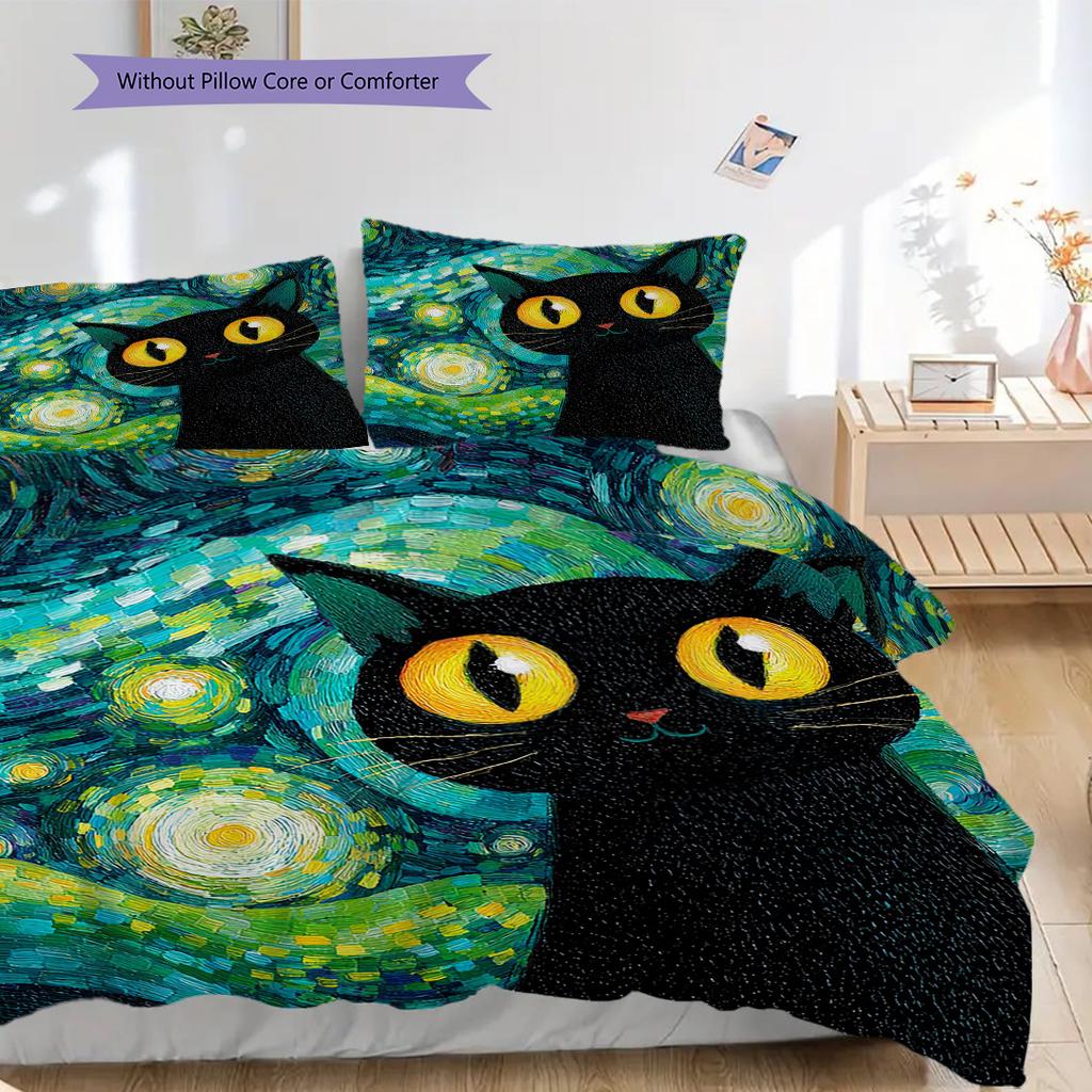 Set Copripiumino Trapuntato con Motivo Gatto Nero Federa Decorazione per la Casa Regalo di Compleanno (1 * copripiumino + 2 * federa, senza nucleo)