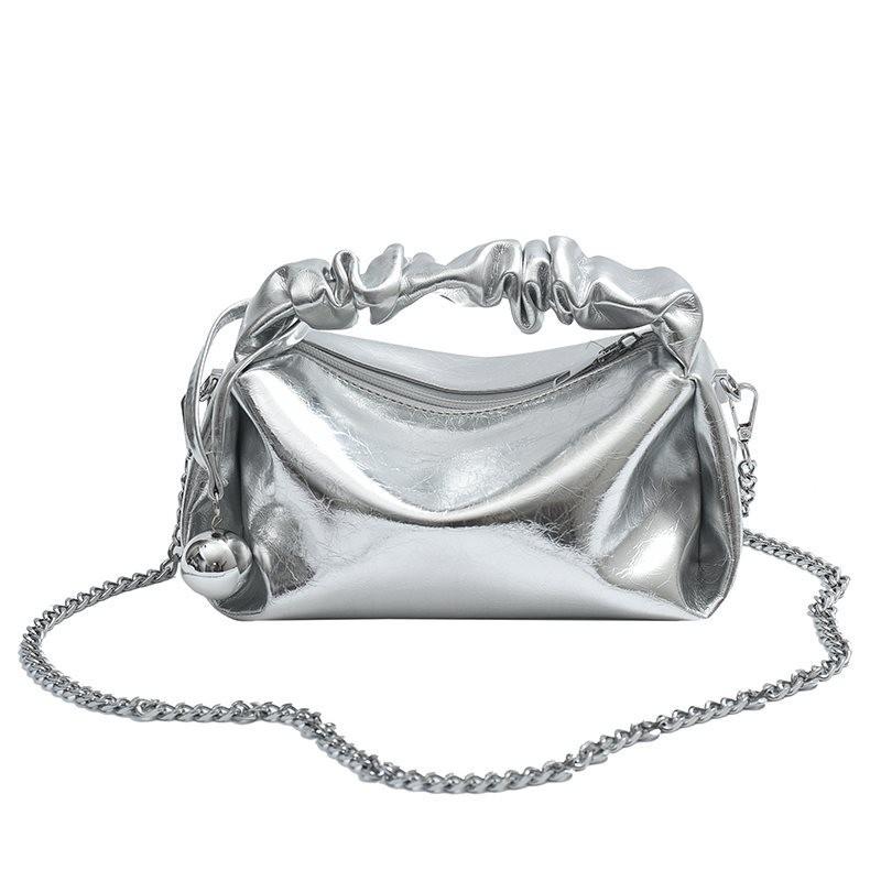 Chic Silver Chain Strap Bag For Women Soft Fabric Casual Fashionable Daily Accessory