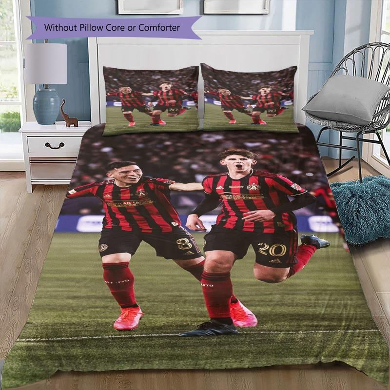 Atlanta United FC Football Team Red Black Stripes Gold City Skyline 3Pcs Bedding Set Sports Fan Washable Duvet Cover Set Bedroom Decor Bed Linen