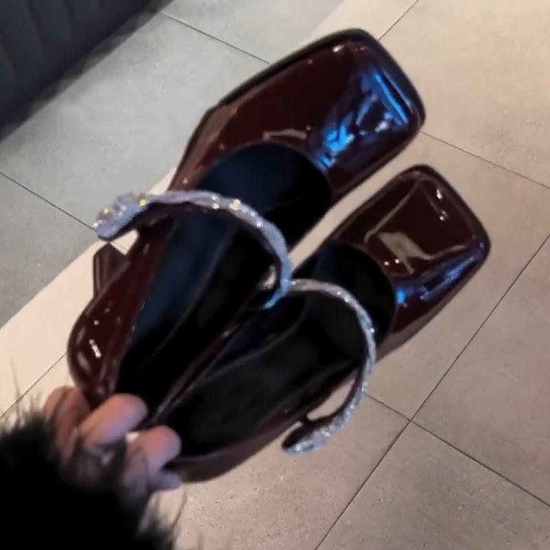 High heels women's 2025 new square toe stiletto temperament rhinestone burgundy not tired feet beautiful single shoes