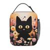 Black Cat In Flower Bushes Insulated Lunch Bag for Kids School Cooler Thermal Food Box Tote Portable Lunch Boxes Container