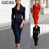 Women's Fashion Autumn Winter Solid Color Print V-Neck Long Sleeve Casual Dresses