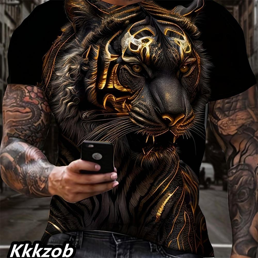 Men's Lion Print Short-sleeve Round Neck T-shirt, Lightweight and Breathable, Trendy and Cool for Casual Outdoor Activities.