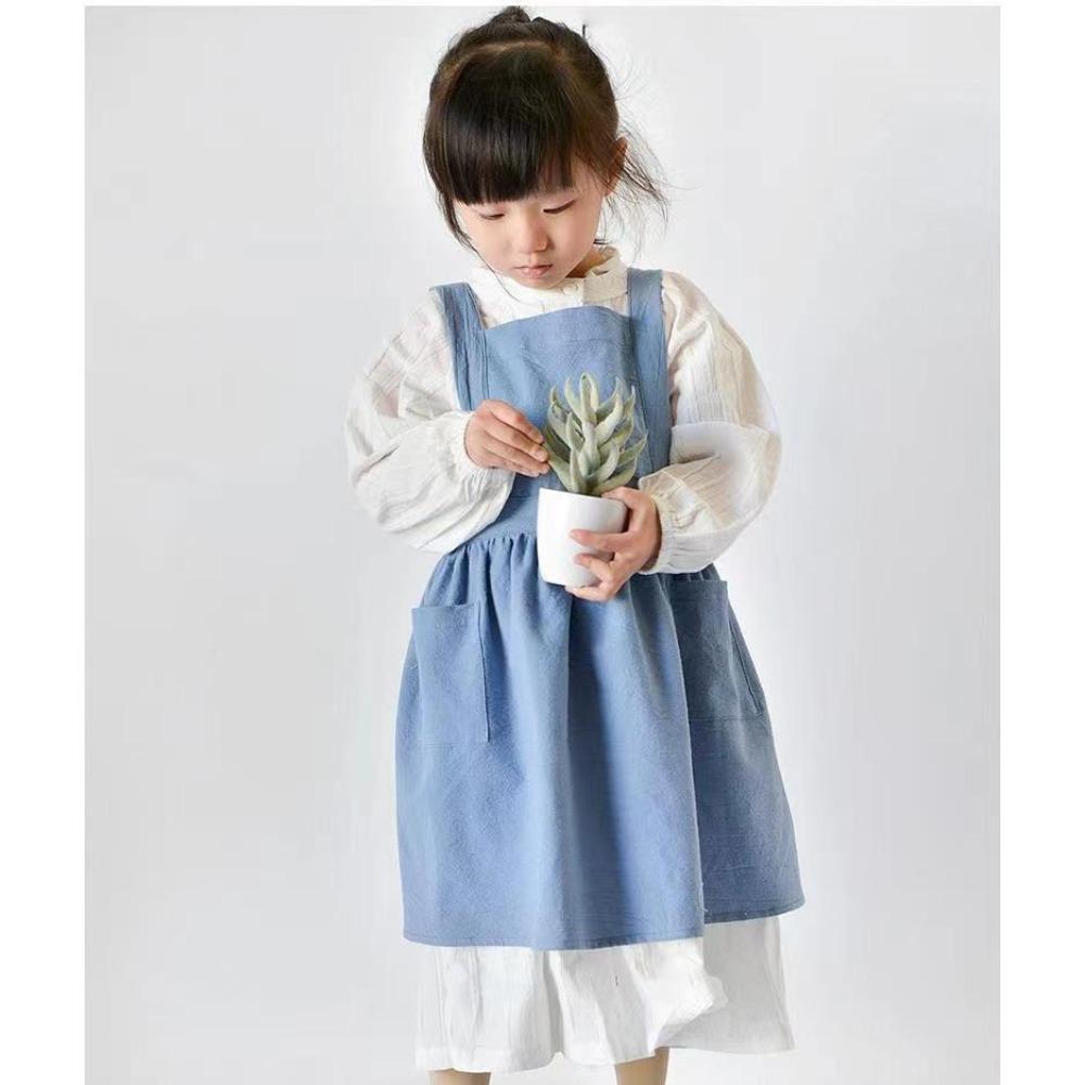 Kawaii Japanese Style Kids Apron Dress Solid Color Cotton Coffee Aprons Cross-back Soft Gardening Overalls for Painting Baking