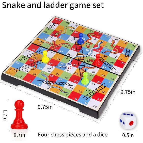 KIDAMI Magnetic Snakes and Ladders Game Set with Storage Box, Folding Design and Light-Weight, Gift for Kids and Adults (9.75 Inches)