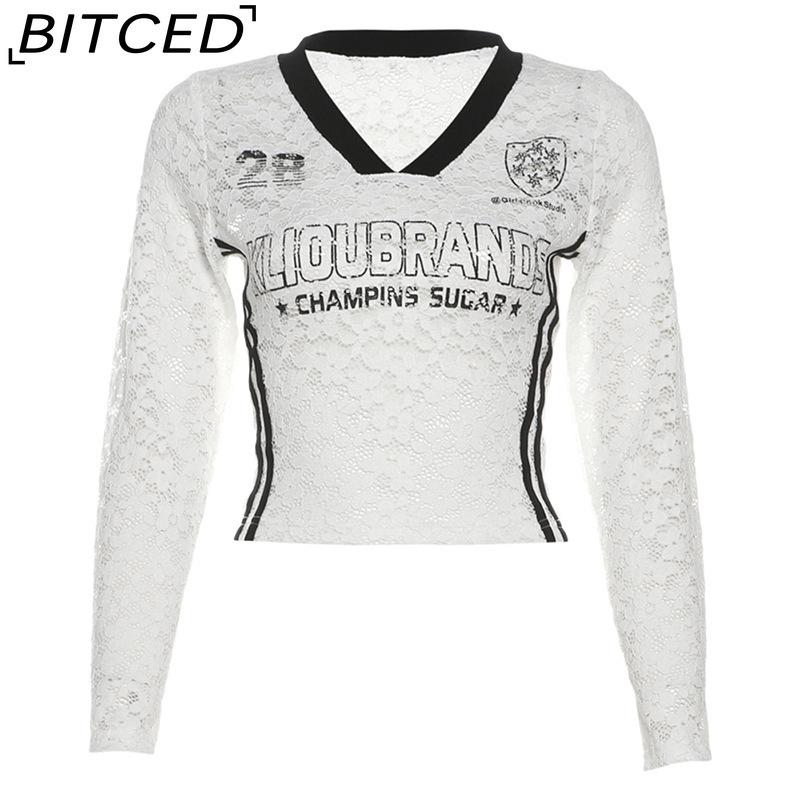 

BITCED Autumn Women s Solid-Colour Slim-Fit Cropped V-Neck Long-Sleeved Printed Top S