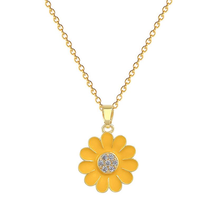 Oil Dripping Sunflower Set Light Luxury Temperament Gorgeous Full Diamond Necklace Female Versatile Collarbone Titanium Steel Chain