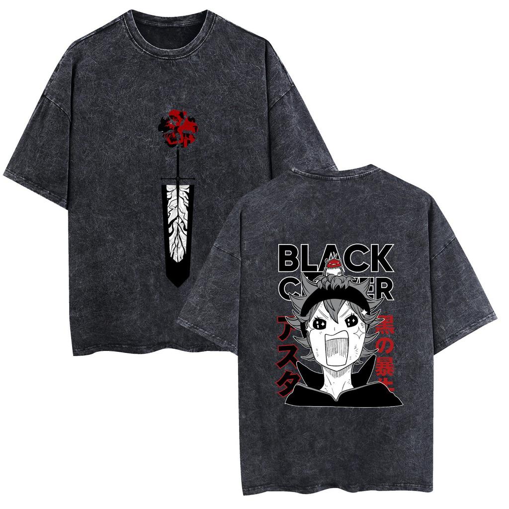 2026 Black Clover Washed Vintage Tshirt Street Hiphop Anime Casual Cotton Summer Short Sleeve