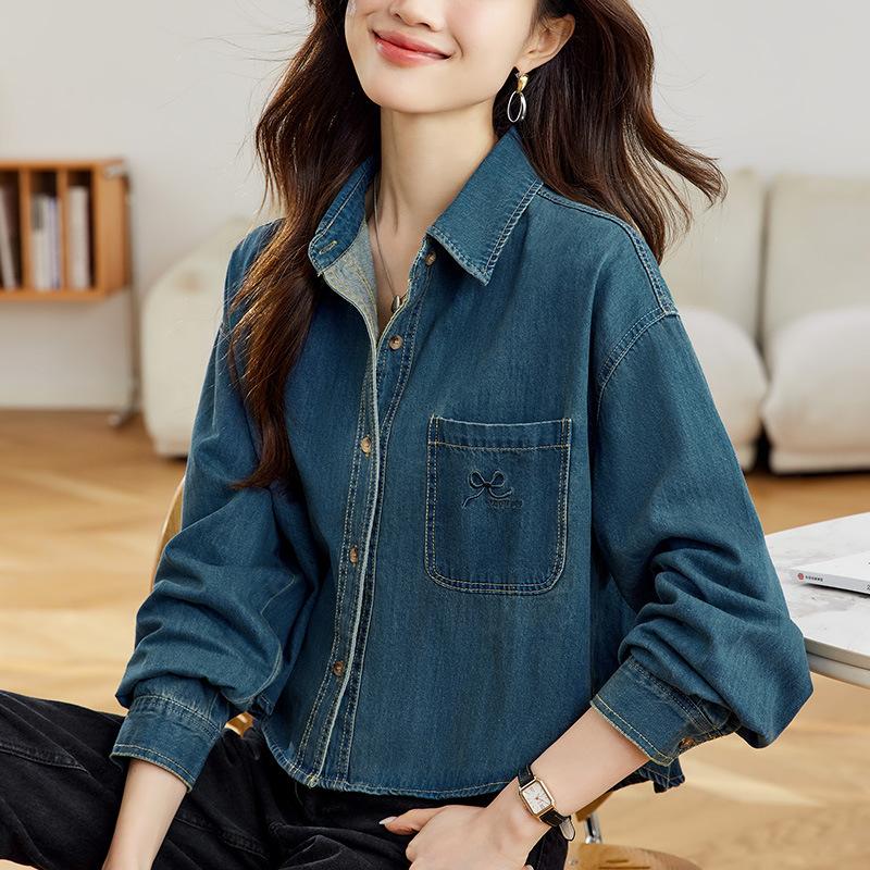 Old Vintage Style Denim Blouse for Women Long-sleeved Spring and Autumn Clothes Updated Small One Layered Top