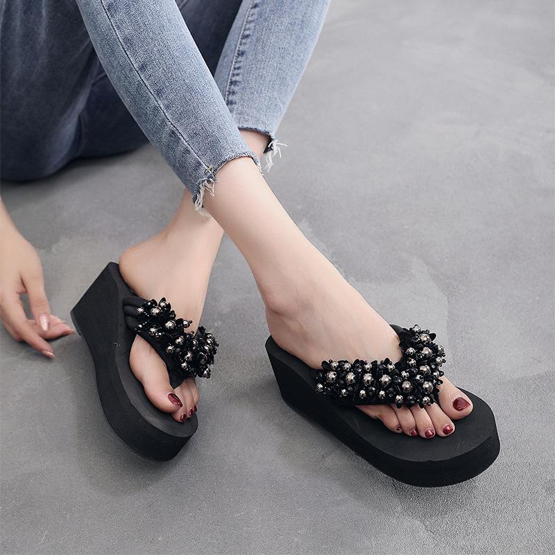 Women's Flip Flops Fashion Wedges Platform Sandalias Luxury Pearl Decor Women's Slippers Outdoor Casual Beach Slippers for Women