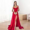 Yousheng Lady Vestido de noite Decote baixo Sem gola Sem costas Sem mangas Alças finas Maxi Vestido Slim Fit Alta Fenda Cor sólida Cetim Banquete Vestido de baile