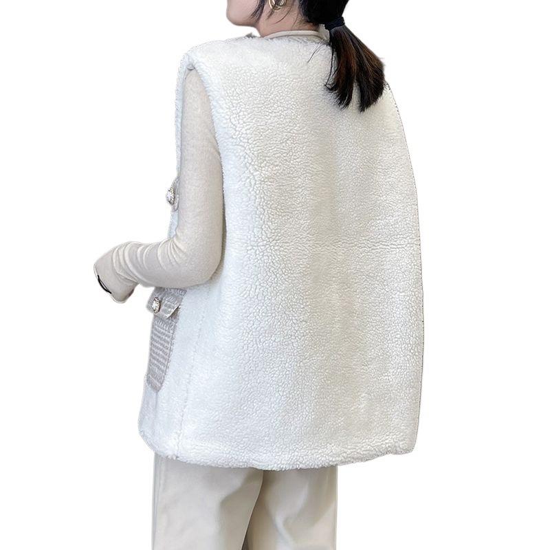 Slightly Fat Lamb Wool Vest Autumn and Winter New Tweed Splicing Vest Vest Vest Fashion Coat Women