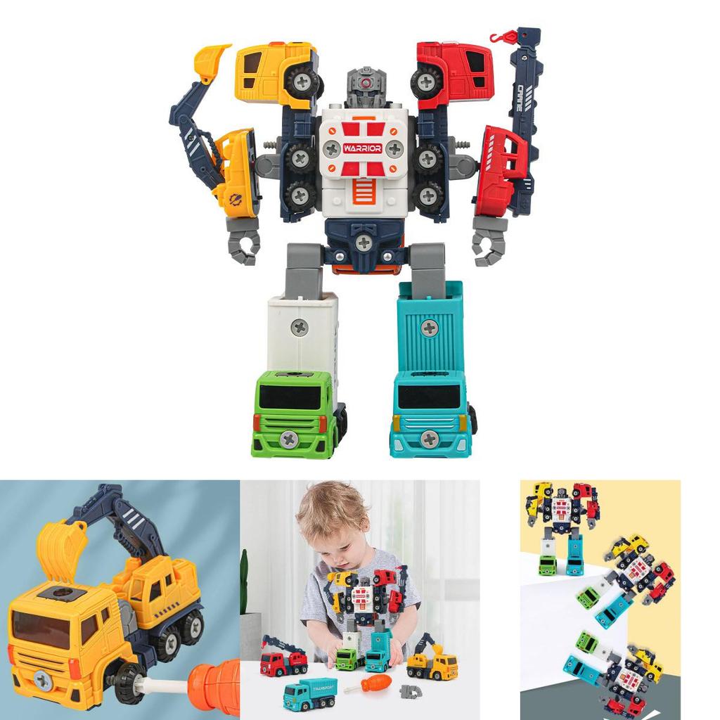 Diy Detachable Engineering Vehicle Toy Set For Boys With Five Colorful Transforming Robots