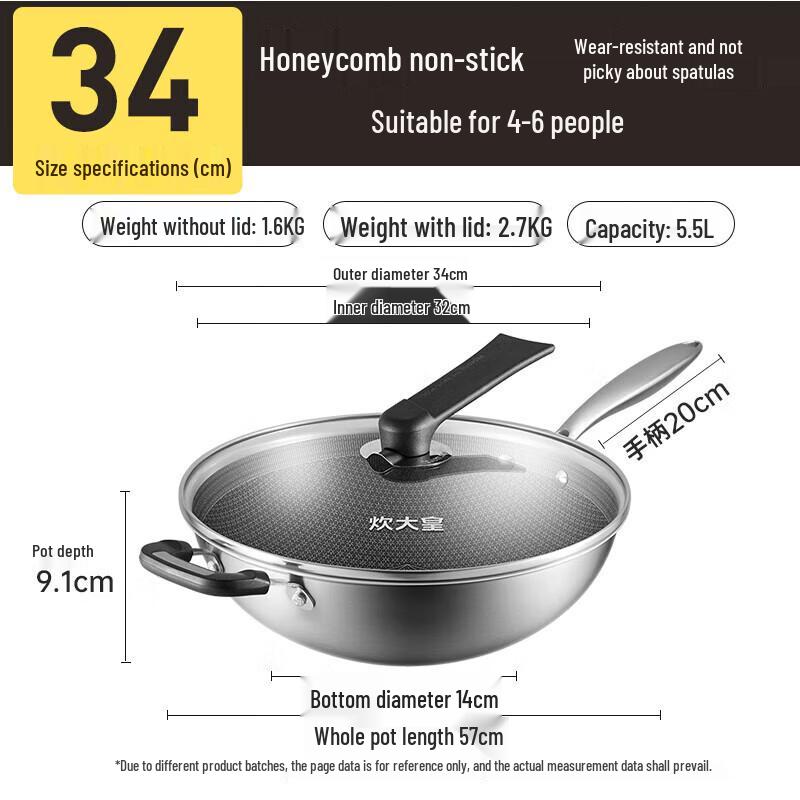 Chui Da Huang 34CM 304 Stainless Steel Honeycomb Non-stick Wok