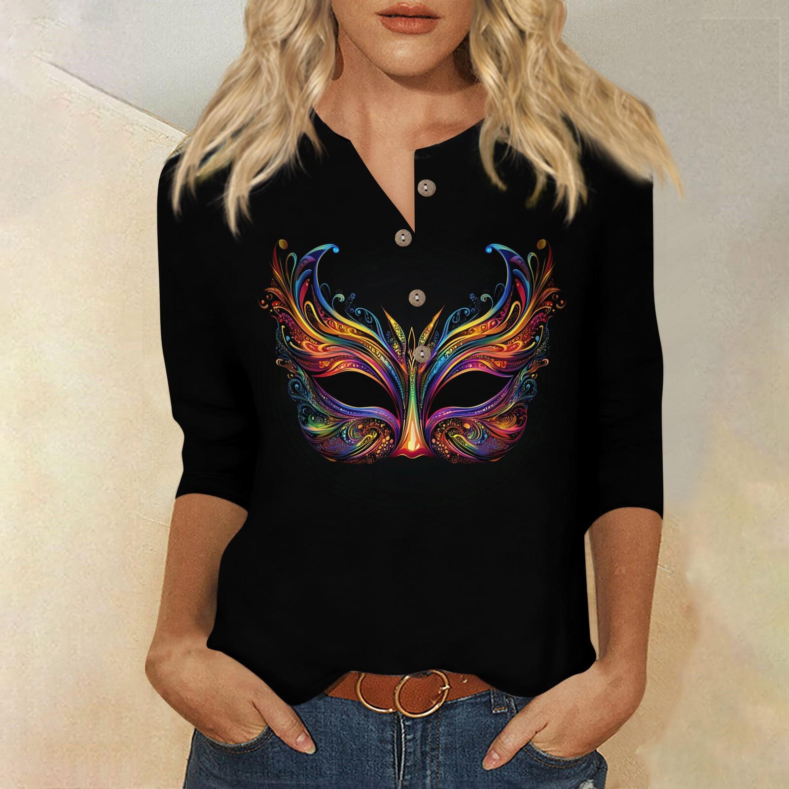 

Женская мода повседневная пуговица 3/4 рукав карнавальный принтованный ворот топ L красный