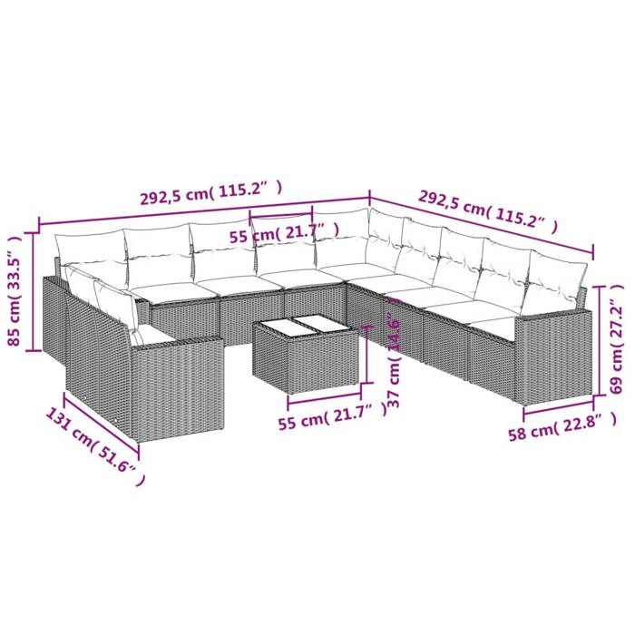 VidaXL Garden Lounge Set with 12 Pcs Cushions, Sofas with Adjustable Feet, Outdoor Furniture Set Patio Terrace, 3218628