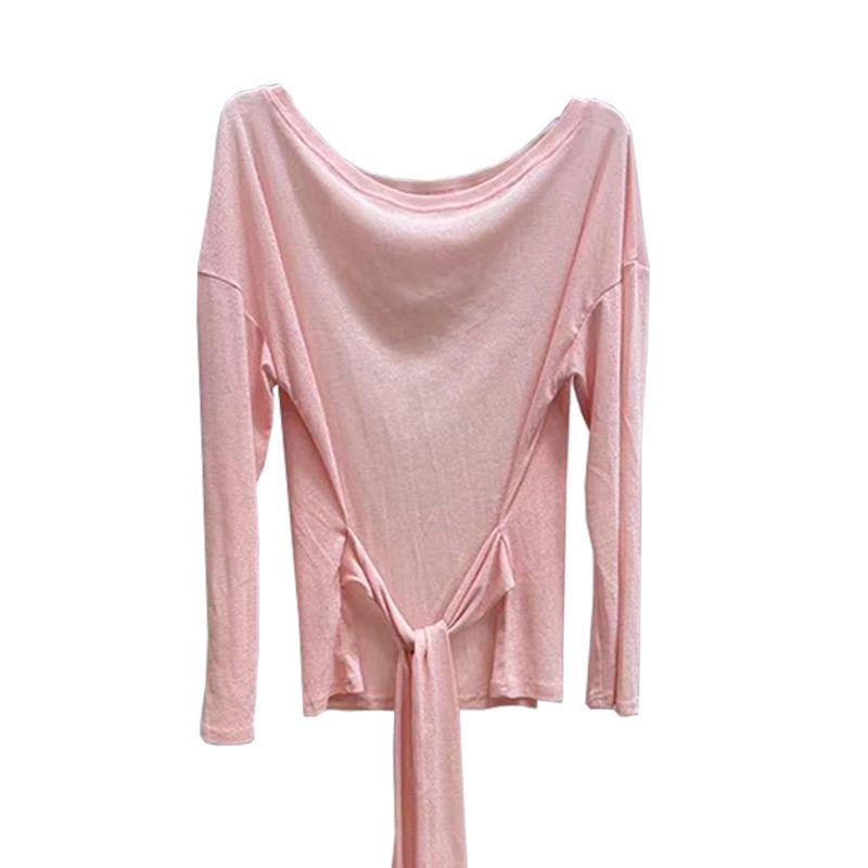 

High-Grade Slightly Transparent Strap Sloping Shoulder Long sleeves Shirt Sun Protection Cover up Women Summer Idle Style Loose off-Shoulder Top Tide Pink M