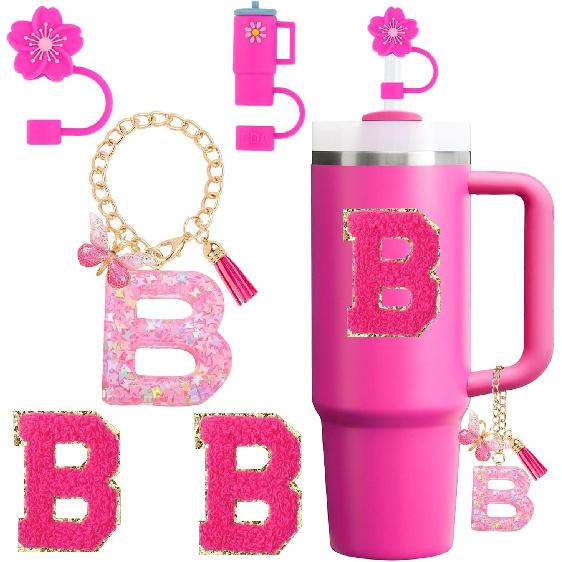 Cup Accessories Set for Stanley Cup 30oz 40oz tumbler with handle, Including Silicone Straw Topper Cover Cap, Handle Charm, Initials Sticker Fuchsia