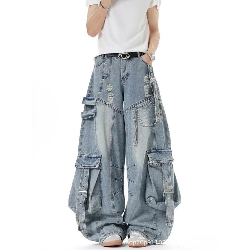 Unisex Deconstructed Ribbon Cargo Denim Jeans - Trendy Autumn Ripped Wide-Leg Multi-Pocket Style for High Street