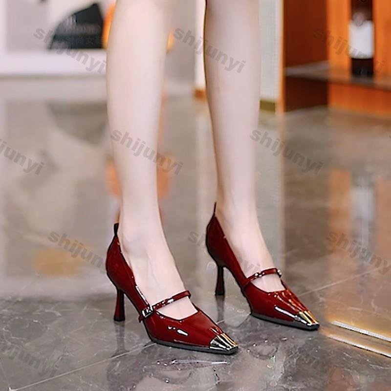 Fashion Women High Heel Pointed Toe Sexy Shoes Fashion Design New Luxury Thin Heel Shallow Patent Leather Sandals Buckle Single Shoes