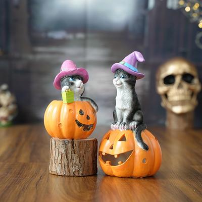 Halloween Cat On Pumpkin Figurine Cute Pumpkin Cat Statue Indoor Resin Sculpture for Shelf Tabletop Bedroom Entryway Decor