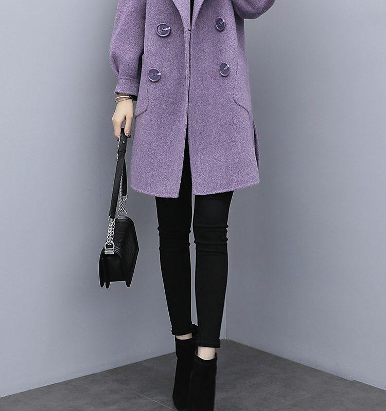 2025 Autumn/Winter Purple Wool Lantern Sleeve Mid-Length Women's Coat