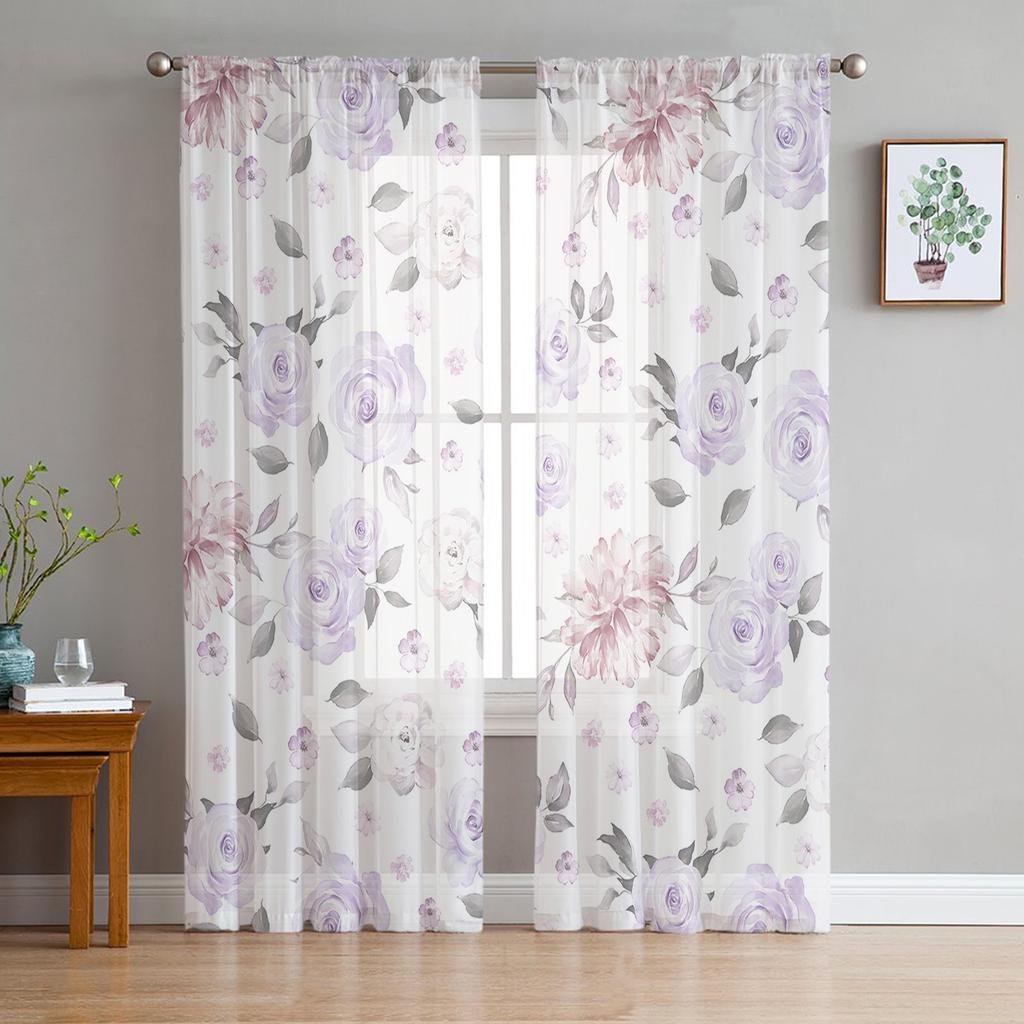 Tüllvorhang mit Aquarellblumen und Blättern, grün, Voile, transparenter Tüll für Schlafzimmer, Wohnzimmer, Küche, durchsichtige Fenstervorhänge