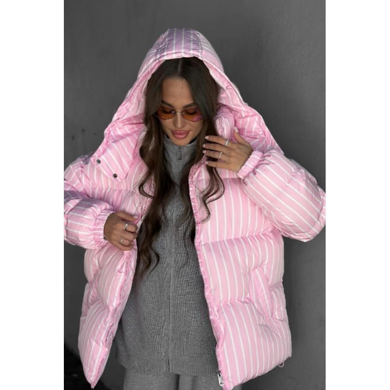 Damska Zimowa Oversizowa Ciepła Kurtka w Paski ze Stójką i Kapturem