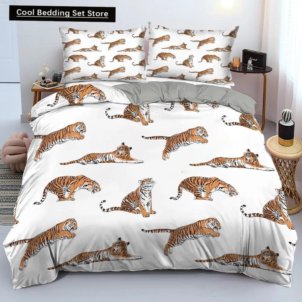 Tiger Duvet Cover Set Red Rose Flower Comforter Cover Boys African Safari Wild Animals Big Cat Queen King Polyester Qulit Cover