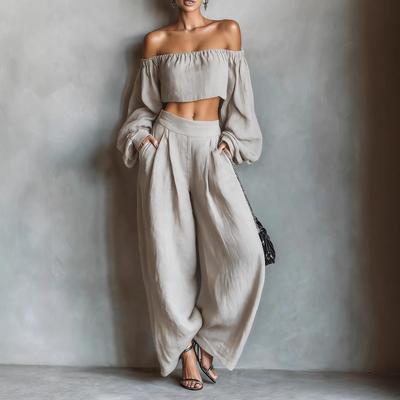 Women's Loose Fit High Waist Two-Piece Set Off Shoulder Long Sleeve Top And Wide Leg Pants