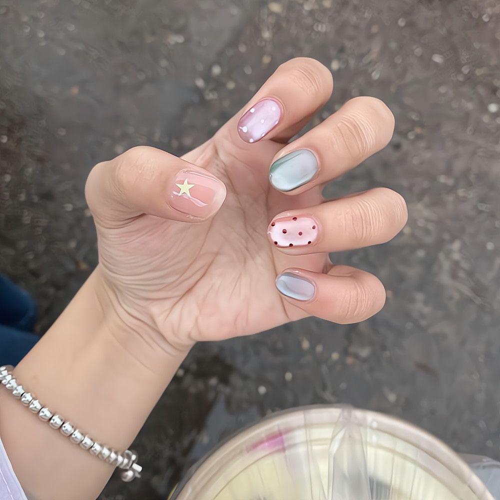 Sweet Summer Candy Color Cat Eye Nails - Macaron Polka Dots & Cute Stars in Short Oval Shape