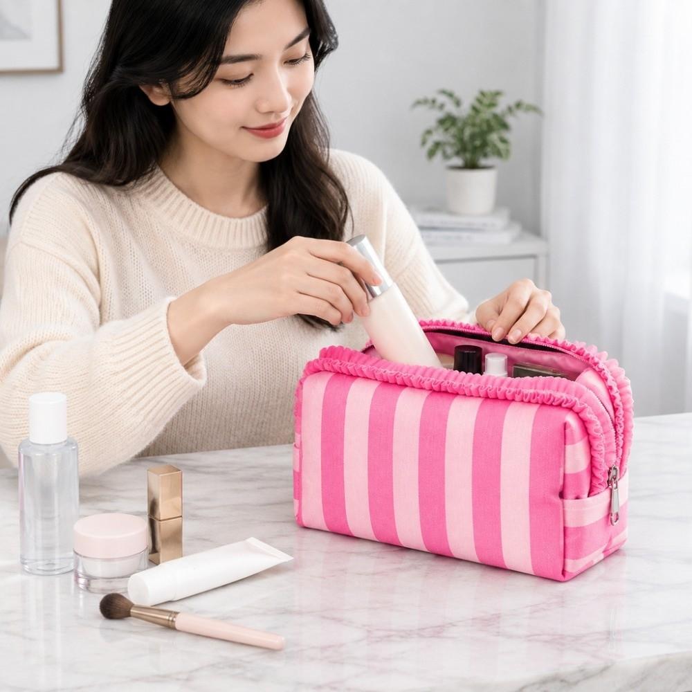 Striped Cosmetic Bag Ruffle Travel Pouch Portable Makeup Organizer Bathroom