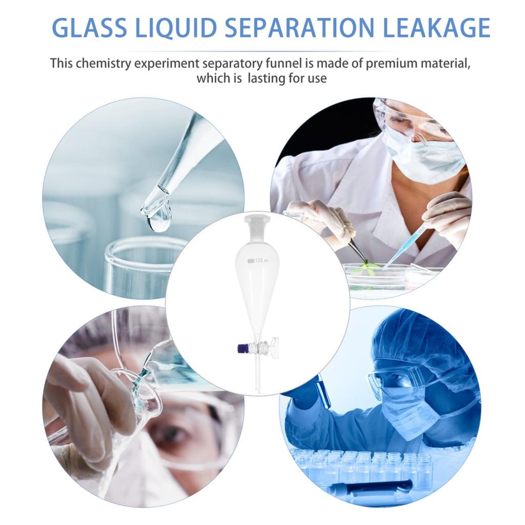 Borosilicate Glass 125 ML Conical Separatory Funnel - Separatory Funnel Pear Funnels with PTFE Stopcock, Laboratory Heavy Wall Conical Separatory