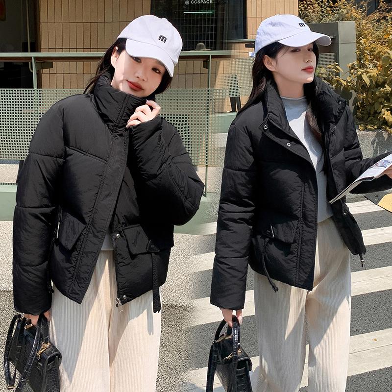 Women Autumn Winter Big Pocket Solid Color Thicken Outwear Cotton Padded Stand Collar Warm Short Jacket Coat