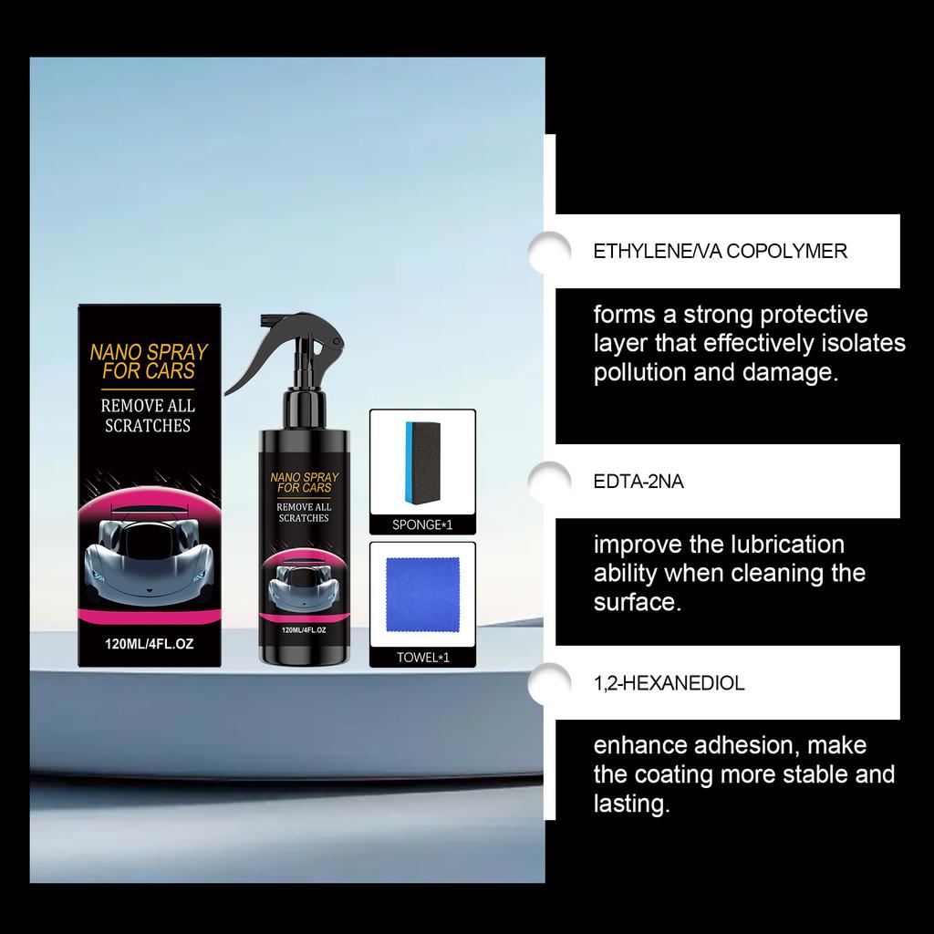 Car Nano Spray 120ml Scratch Remover Liquid with Spray Bottle and Cleaning Accessories for Automotive Surface Care and Protection