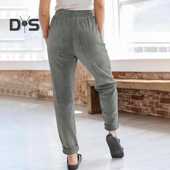 Women Corduroy Pants High Waist Baggy Drawstring Elastic Waist Casual Trousers Loose Fit Straight Leg Pockets Work Pants