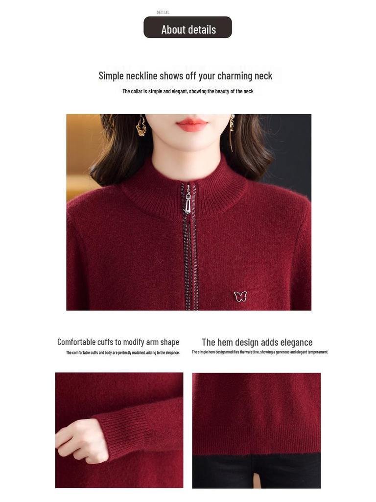 Women's Pure Wool Half-Zip Sweater - Stylish Winter Base Layer for Middle-Aged and Elderly