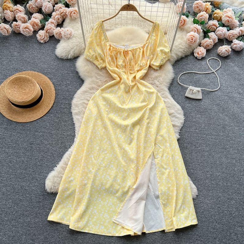 Puff Sleeves Summer Slimming Mori Style Split Dress