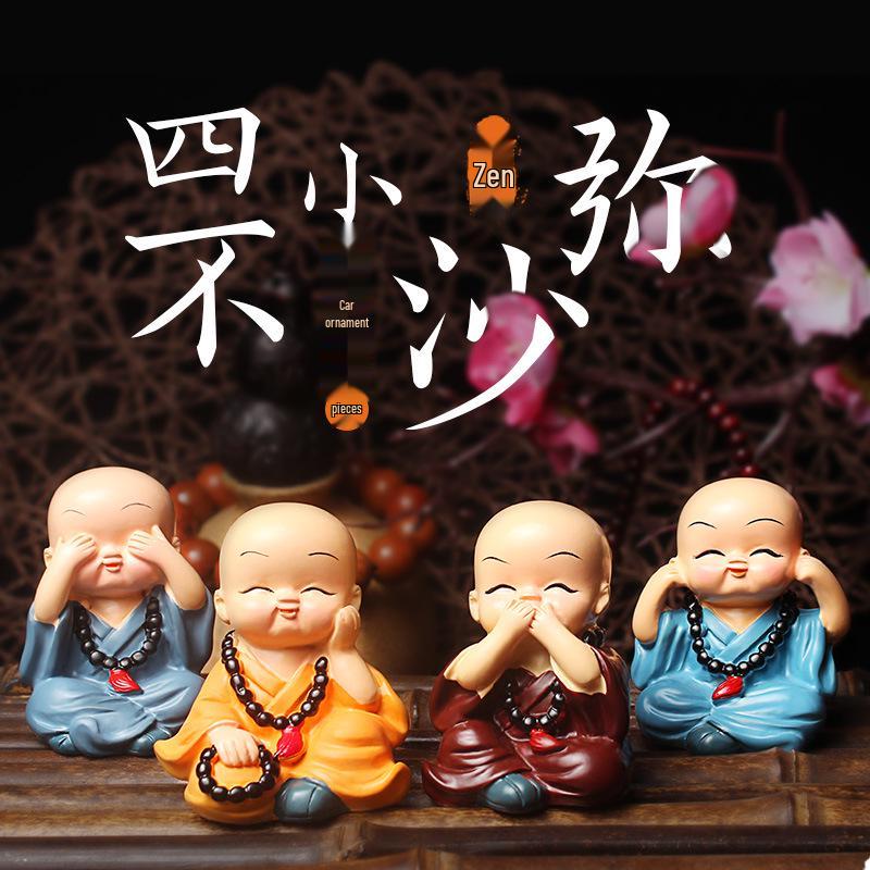 

Charming Novice Monk Car Ornaments – Set of Four Monks for Console or Temple Decor
