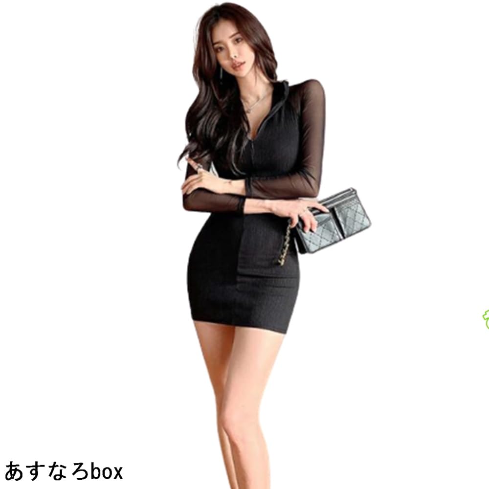 Asunaro Box Mini Tight Long See-Through Dress, Simple, Sexy, Sheer, Bodycon, Sleeves, Women's (Size S)