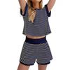 Women's Blue White Stripe Short Sleeve Crop Top and Shorts Set
