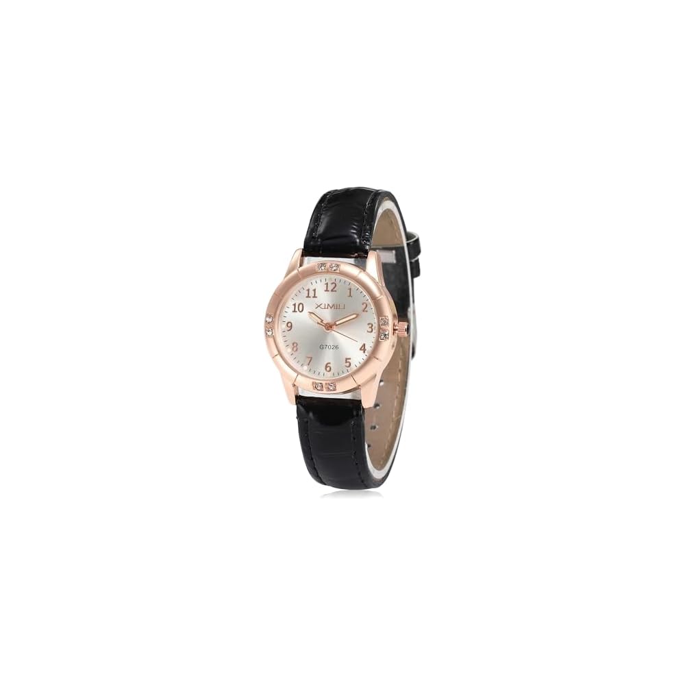 Girls Analog Watch Arabic Numerals Leather Strap Luminous Waterproof Black