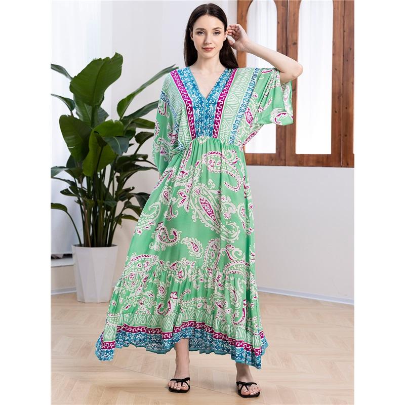 European And American Summer Ladies Floral Dress Loose A-line Printed Long Skirt Beach Blouse Holiday Style